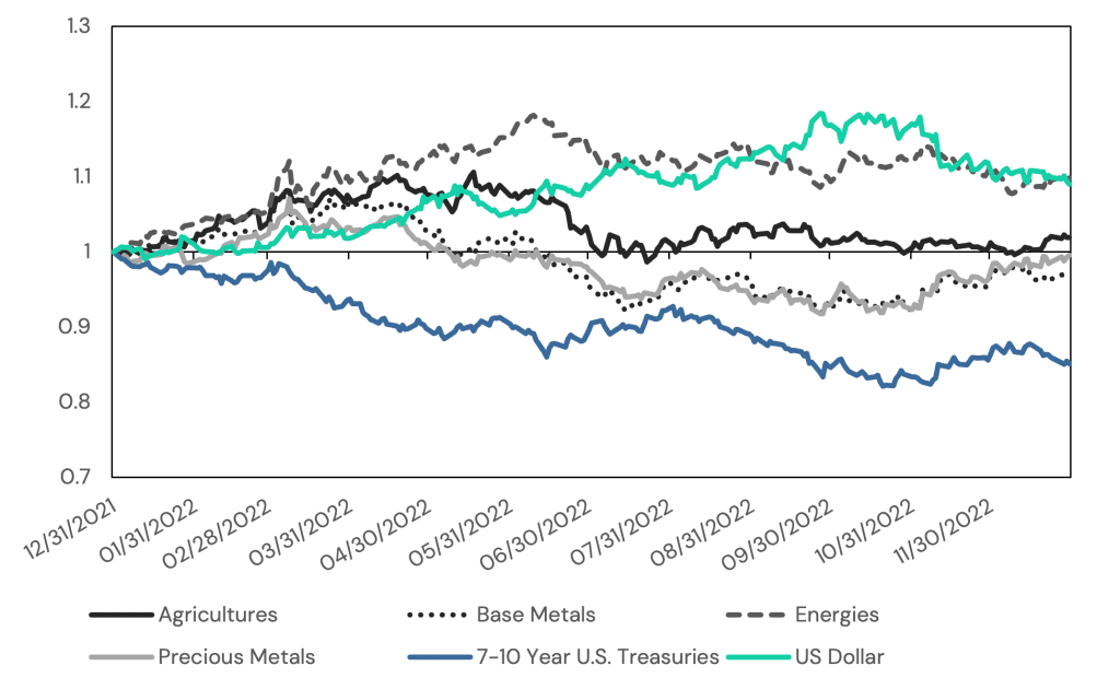 A line graph plotting the realized returns of agricultural commodities, base metals, energies, precious metals, US Treasuries, and the US dollar in 2022.